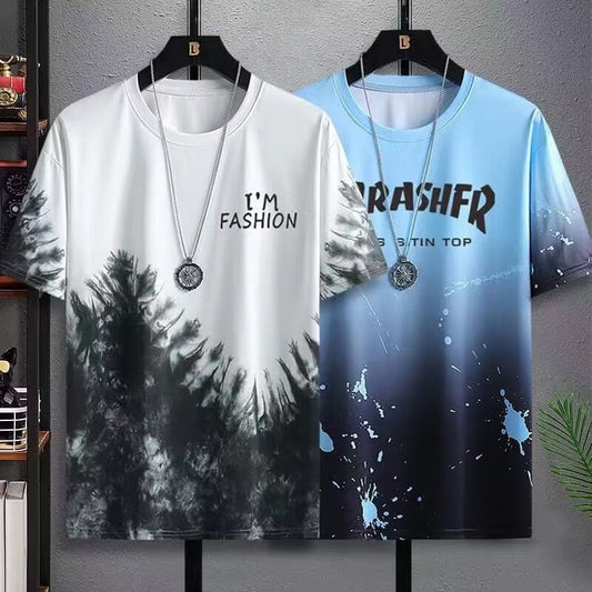 Ice Silk Short-sleeved T-shirt Men's Summer Fashionable Half-sleeved Men's Ice-sensitive Splash-ink T-shirt for Students and Teenagers